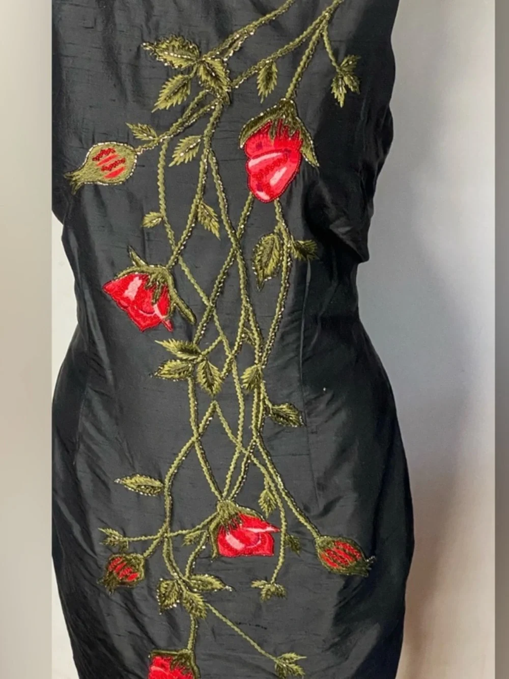 Vintage 100% Silk Black Mini Dress with Beaded Rose Embroidery - Romantic M